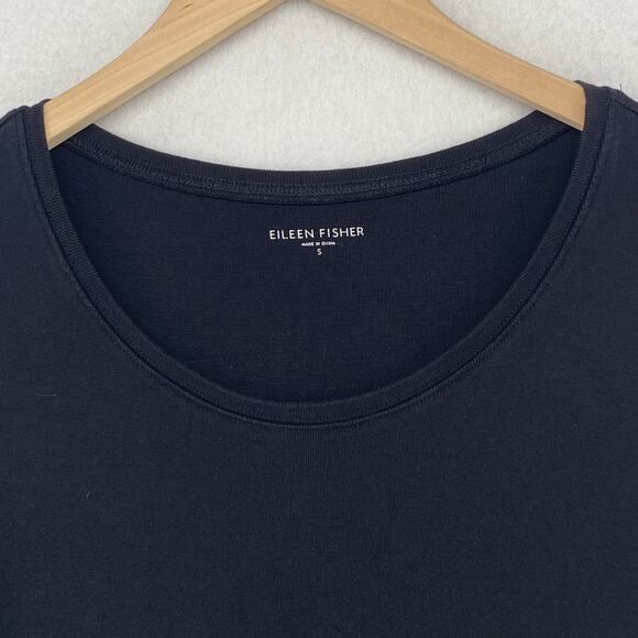 EILEEN FISHER Top S Organic Cotton Ribbed Jersey Scoop Neck Elbow Sleeve Black - Picture 4 of 9